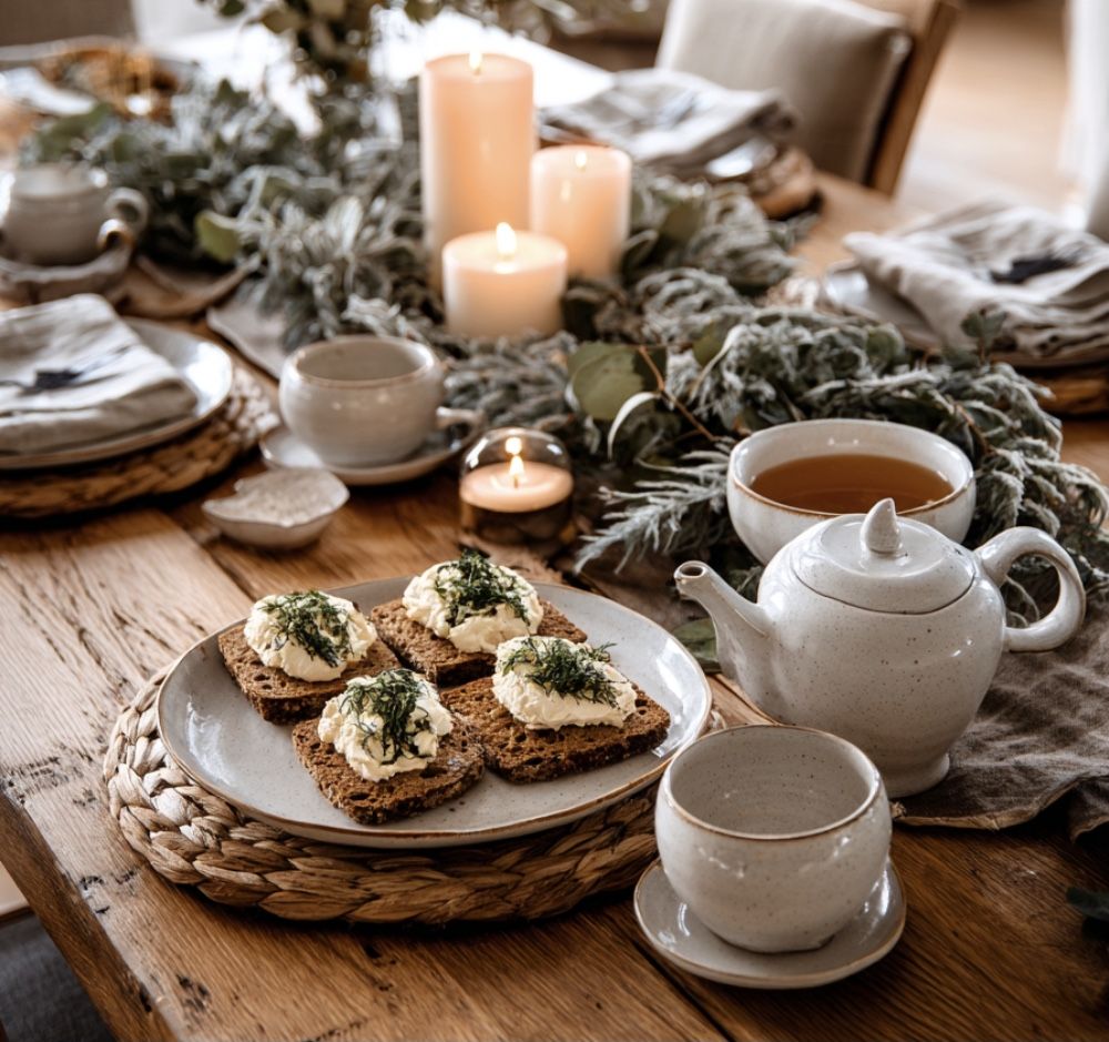 Various dried herbs and a cup of tea on a wooden table