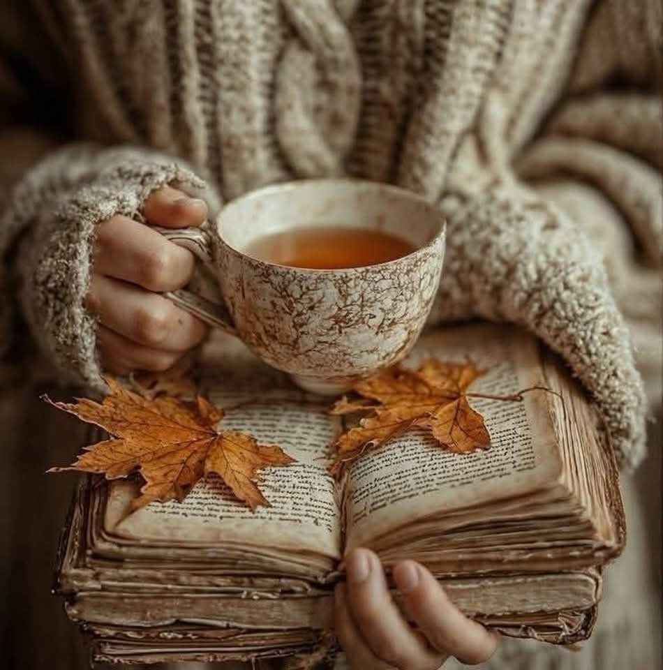 Person reading a book about herbs with a cup of tea